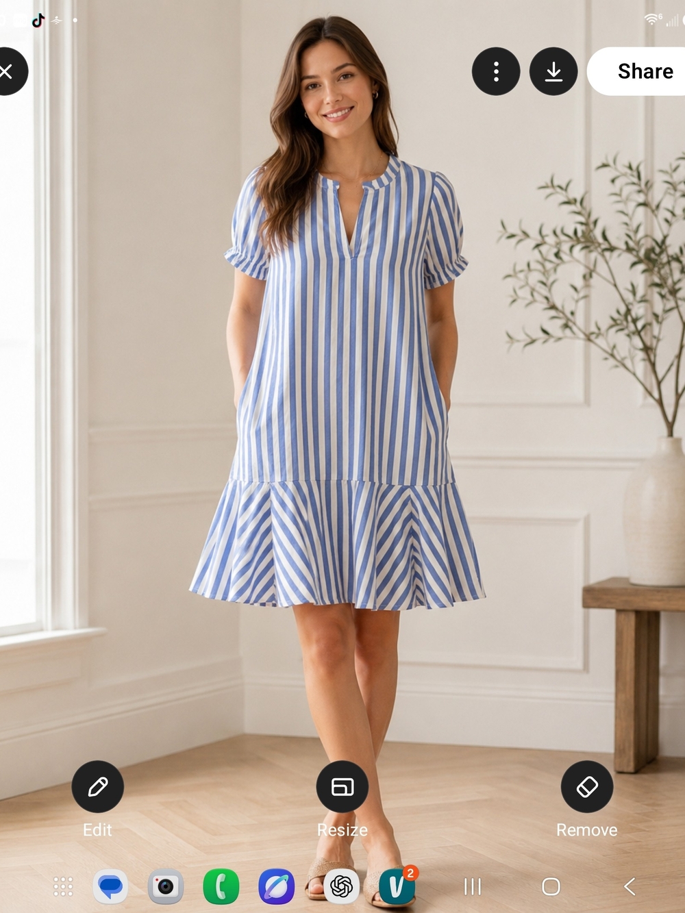 Women’s Blue and White Striped Short-Sleeve Ruffle Hem Dress